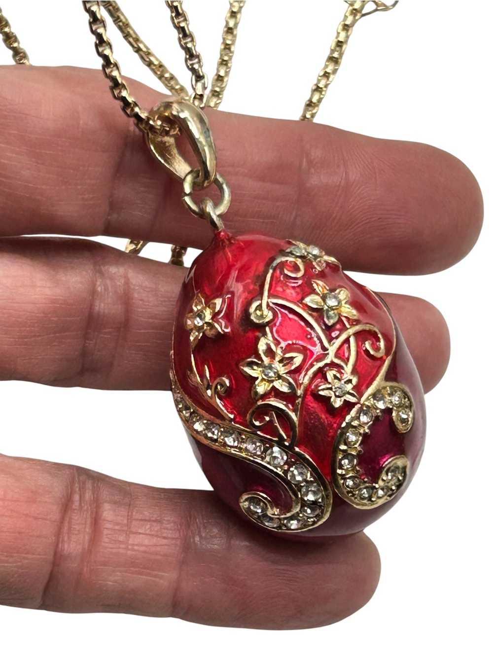 Vintage Red Enamel Rhinestone Egg Necklace